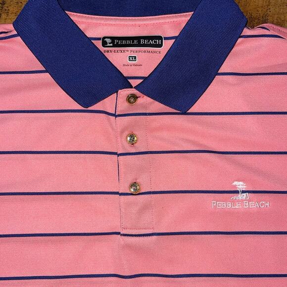 Mens Pebble‎ Beach Drye-Luxe Performance Peach Navy Striped Golf Polo Shirt XL - Picture 3 of 7